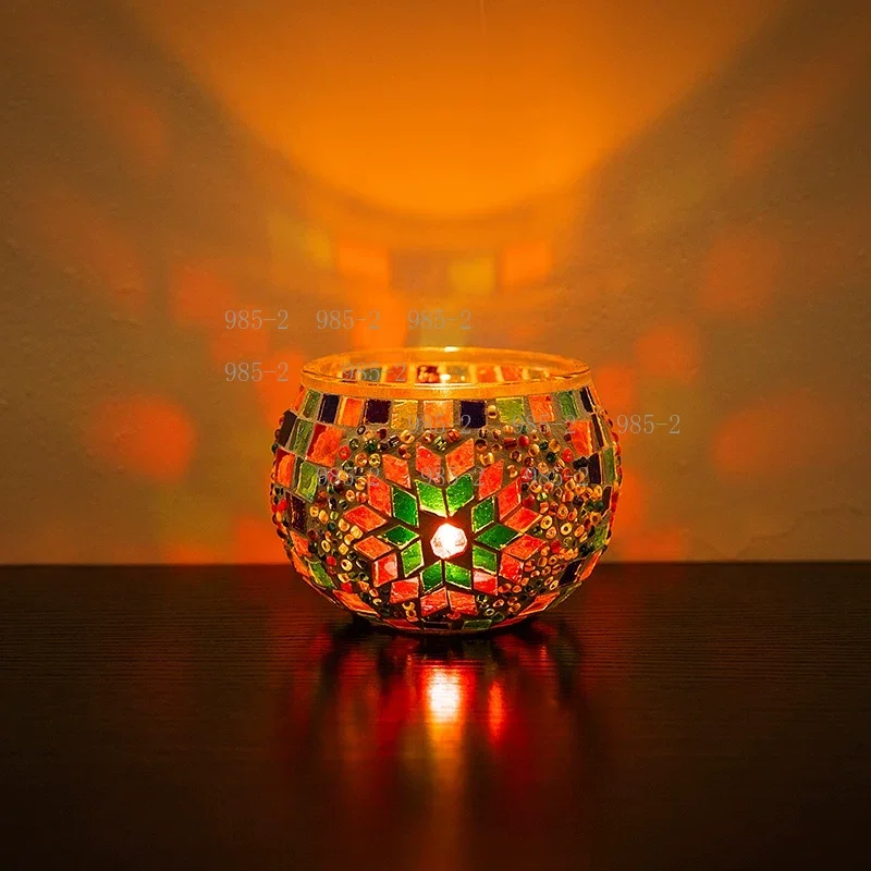 Retro Mosaic Bowl Shaped Candlestick, Glass Candle Holder for Wedding Confession Decor