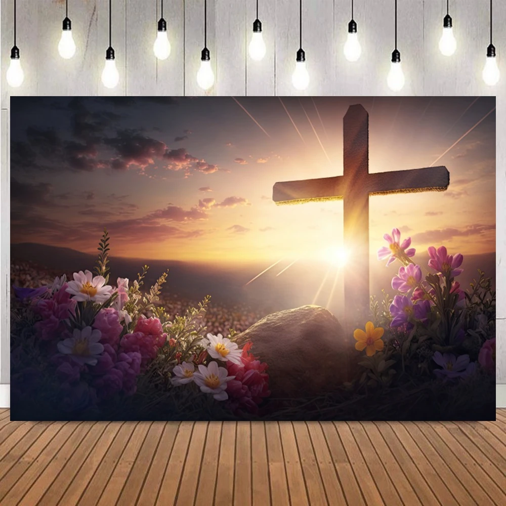 Jesus Christ Cross Photography Background Blooming Floral Sunset Sky Easter Party Event Portrait Photo Backdrop Deco Studio Prop