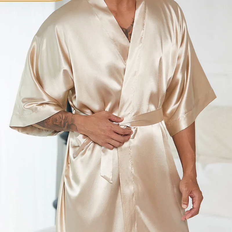 Casual Women Sleepwear Kimono Gown Satin Solid Home Wear Mid Length V Neck Home Clothes Short Length Nightwear Lounge Wear