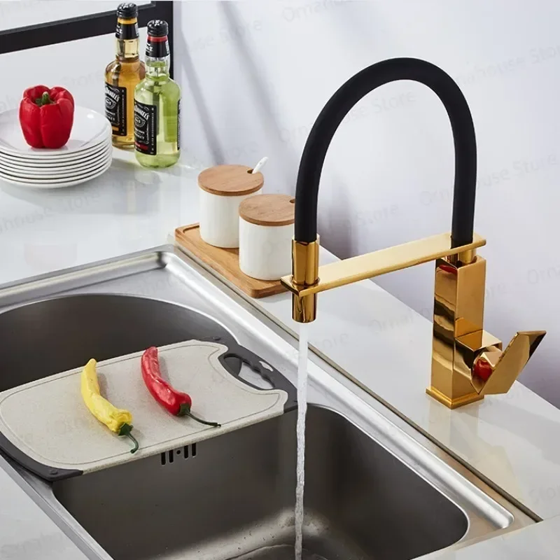Gold Brushed Single Handle Brass Kitchen Faucet Hot Cold Water Mixer Tap Deck Mount for Household Sink
