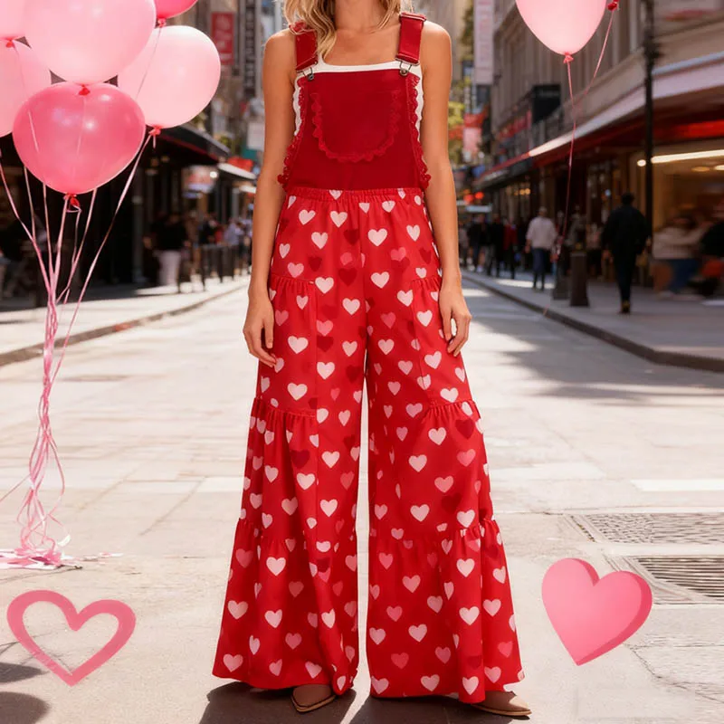 المرأة عيد الحب المرايل وزرة الحلو لطيف القلب المطبوعة أكمام الأشرطة قابل للتعديل واسعة الساق السراويل بذلة فضفاضة