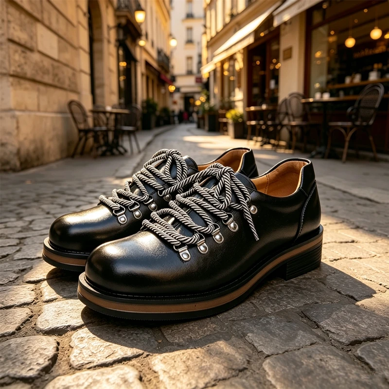Fashion Men Thick Sole Leather Shoes Vintage Round Toe Lace Up Oxfords With Striped Rope Laces Casual Platform Dress Shoes