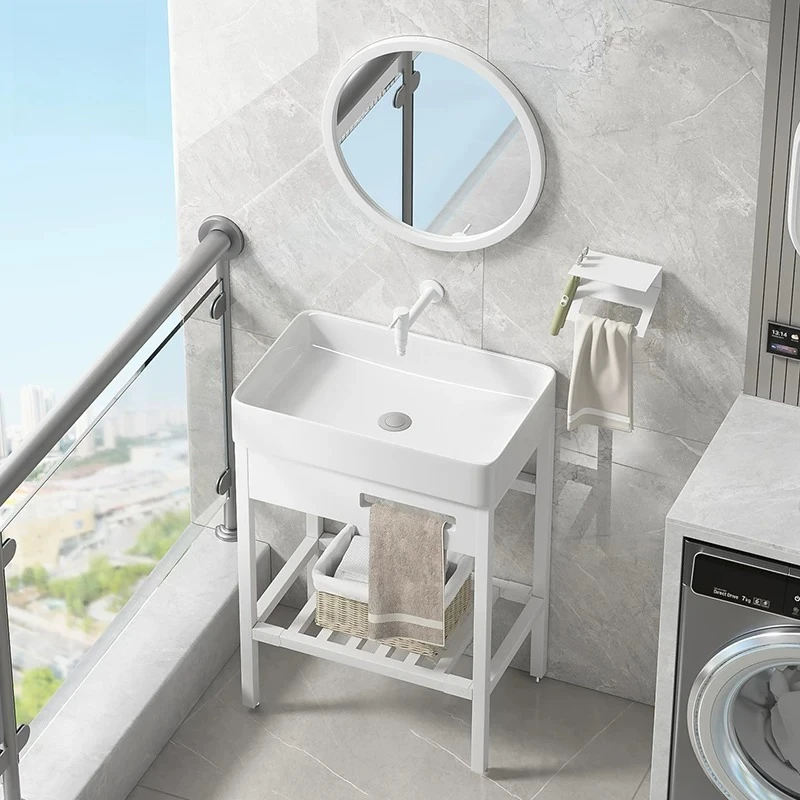 Floor-standing ceramic wash basin with thickened support, no faucet hole, suitable for washing clothes and face washing