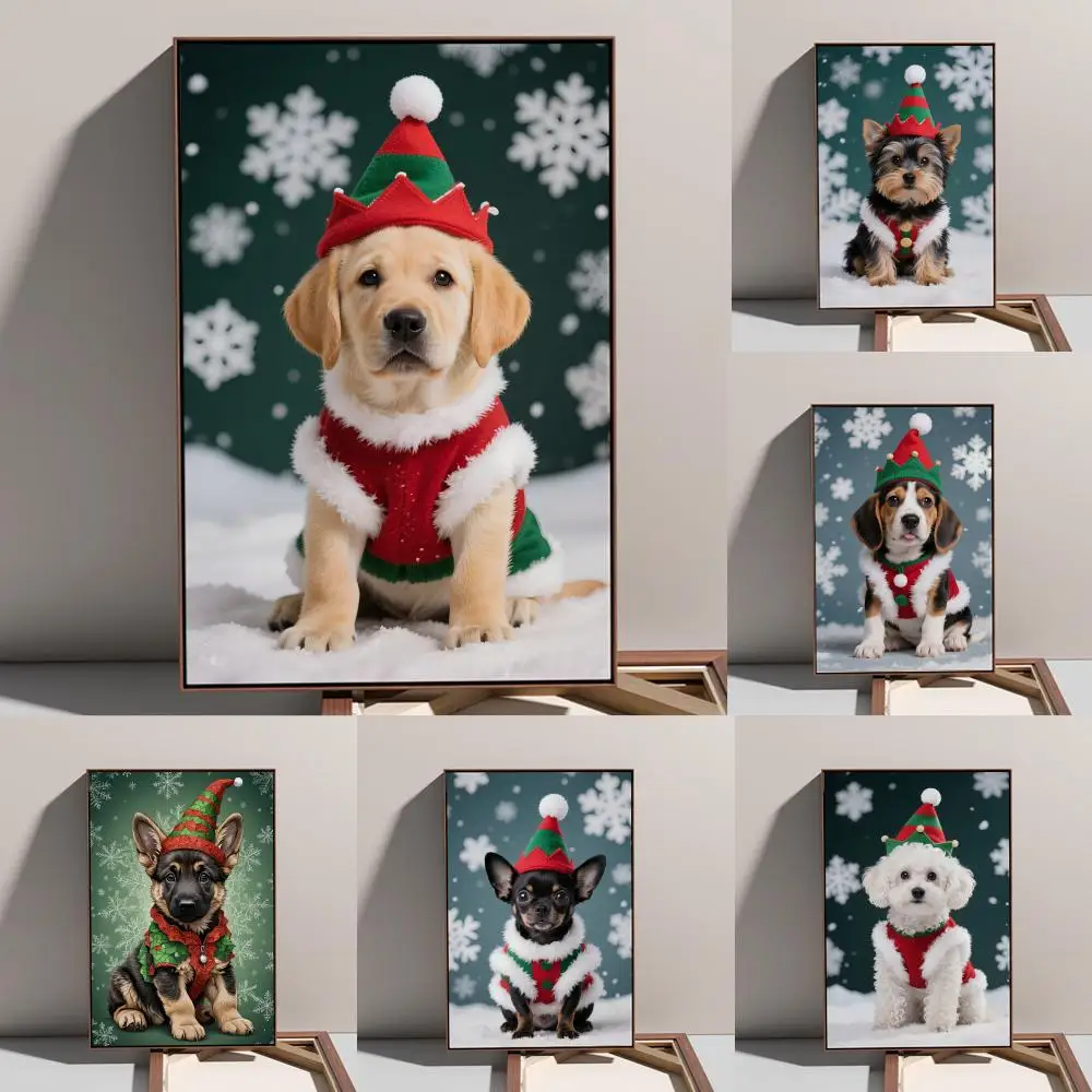 

Poster Prints Oil Painting Mural Living Room Home Decoration Party Evening Cover Christmas puppy dog