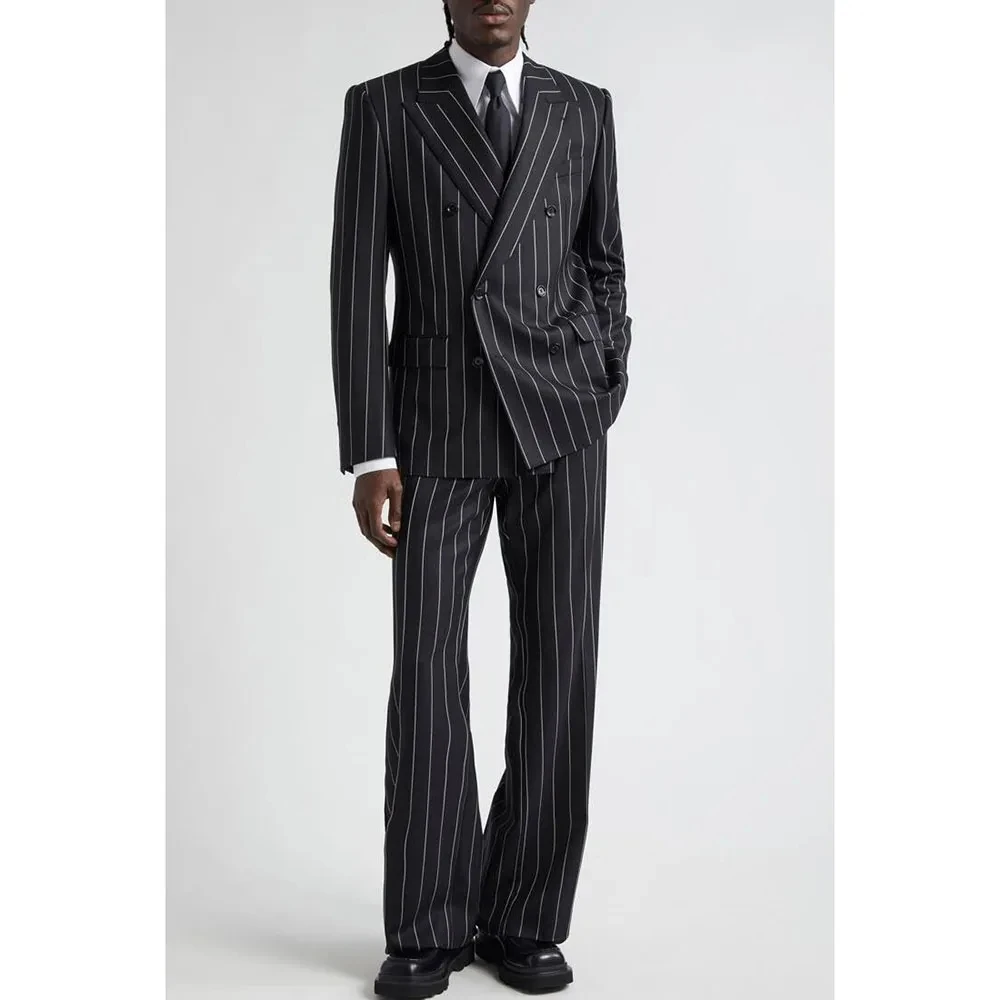

Black Stripe Men Suits 2 Pieces Jacket Pants Peaked Lapel Double Breasted Prom Party Wedding Male Clothing Custom Business Dress