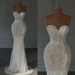 Luxury Mermaid Wedding Dresses For Women Sweetheart Neck Sleeveless Bridal Gown Pearls Sequins Sweep Train Customized Dress