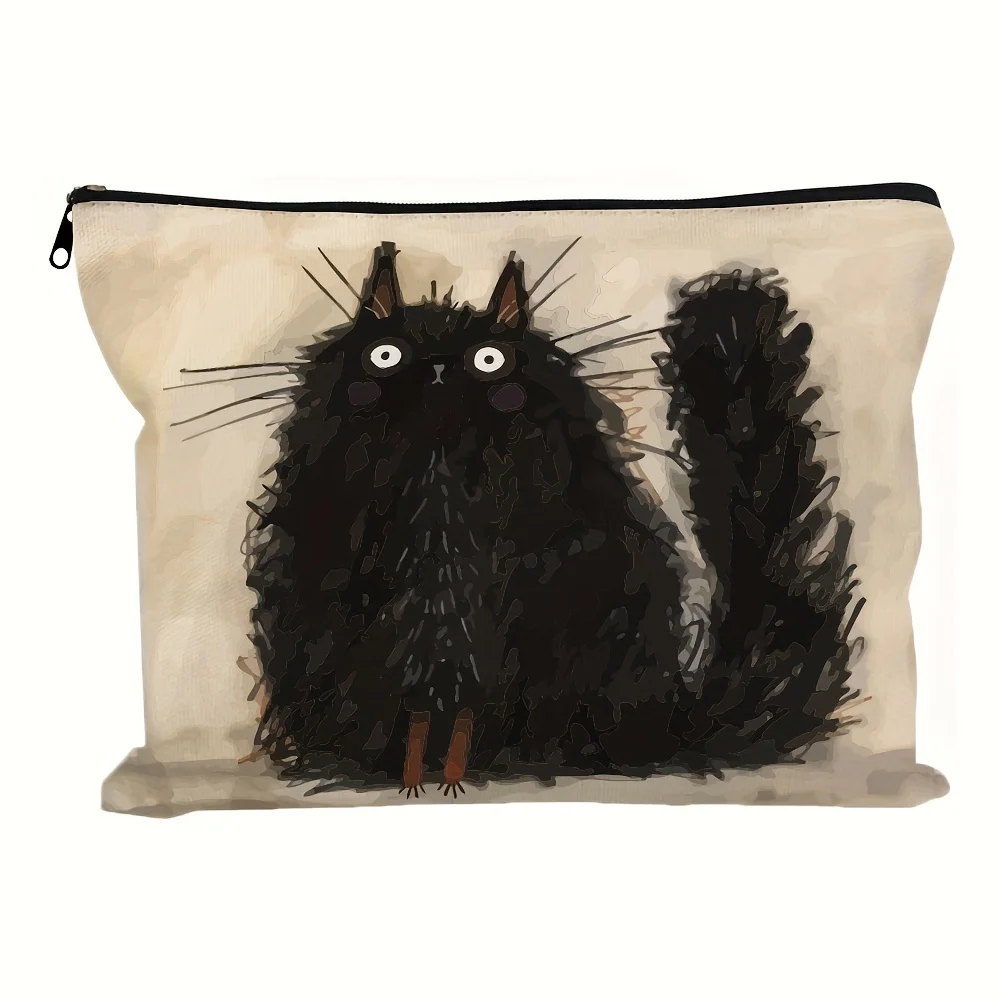 귀여운 검은색 고양이 화장품 가방 - 여성용 귀여운 다기능 지퍼 파우치, 보석 보관 가방,