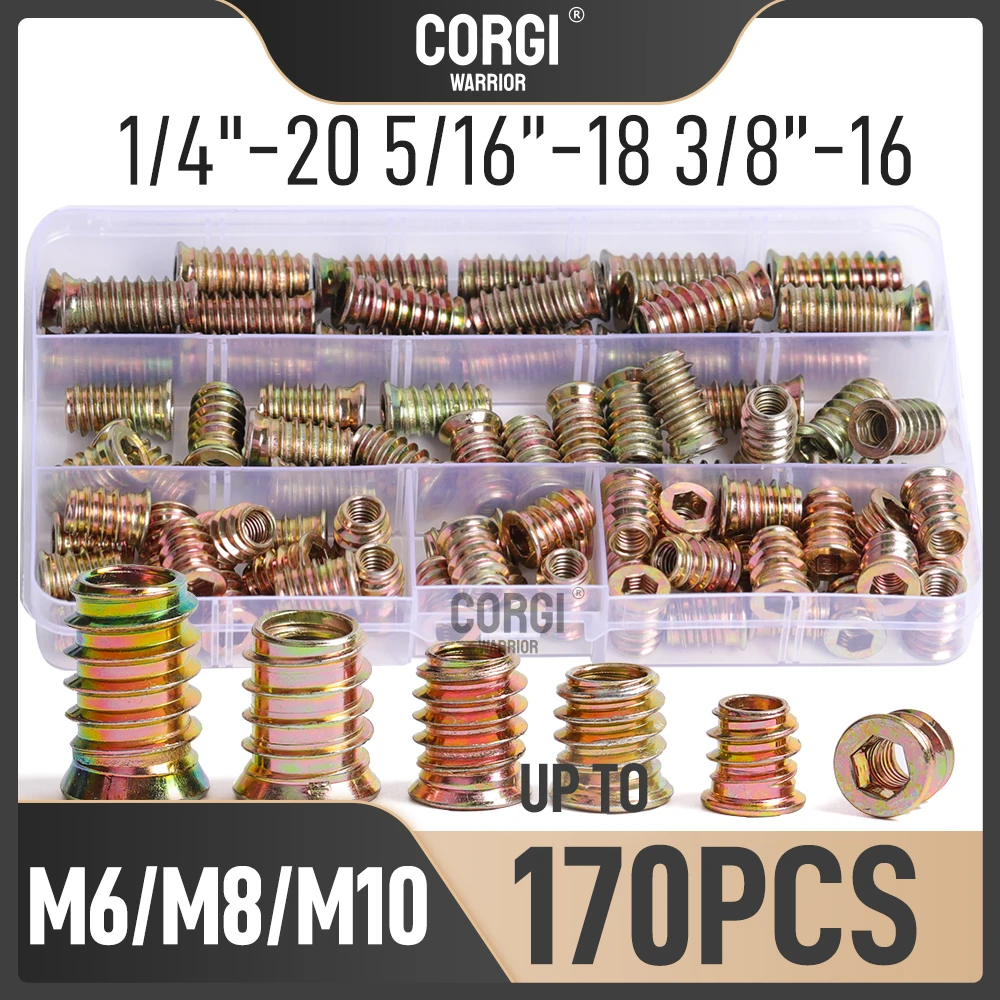 Threaded Inserts M6 M8 M10 for Wood Furniture Screw in Nut Wood Inserts Bolt Assortment Kit 1/4-20 5/16-18 3/8-16 with Wrench