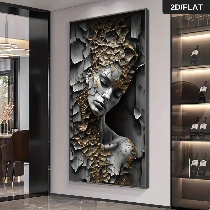 

2D Flat Large Abstract Cracked Portrait Canvas Wall Art, Unframed Modern Female Face Fragmentation Prints for Living Room Decor