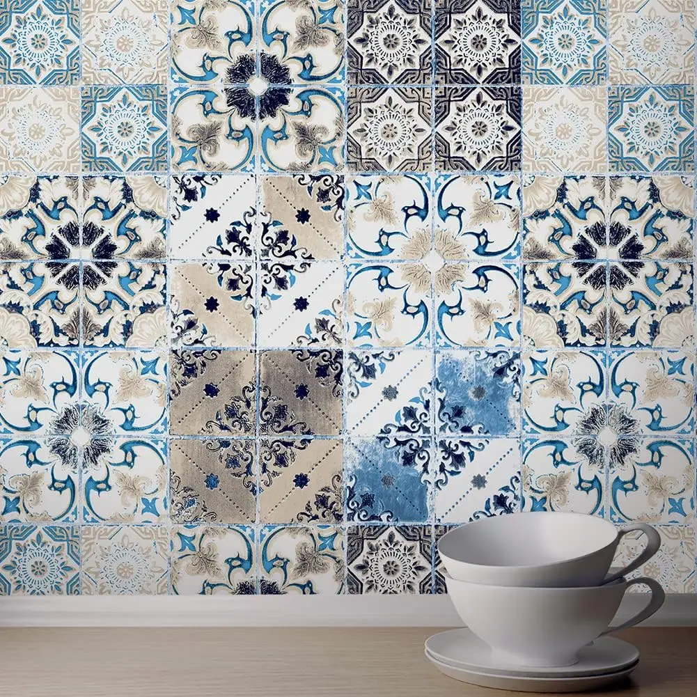 

Mediterranian Tile Peel and Stick Wallpaper Blue Self Adhesive Wallpaper Removable Contact Paper for Kitchen Bathroom Bedroom