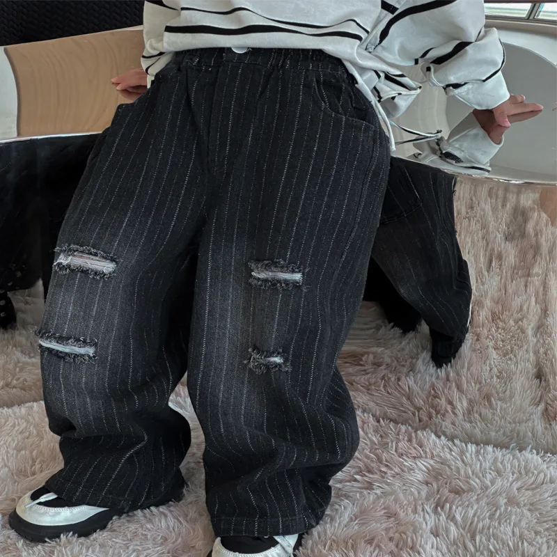 

Baby Boys Pants Striped Cool Fashion Jeans 2024 Autumn New Korean Style Childrens Wide Leg Pants Clothes