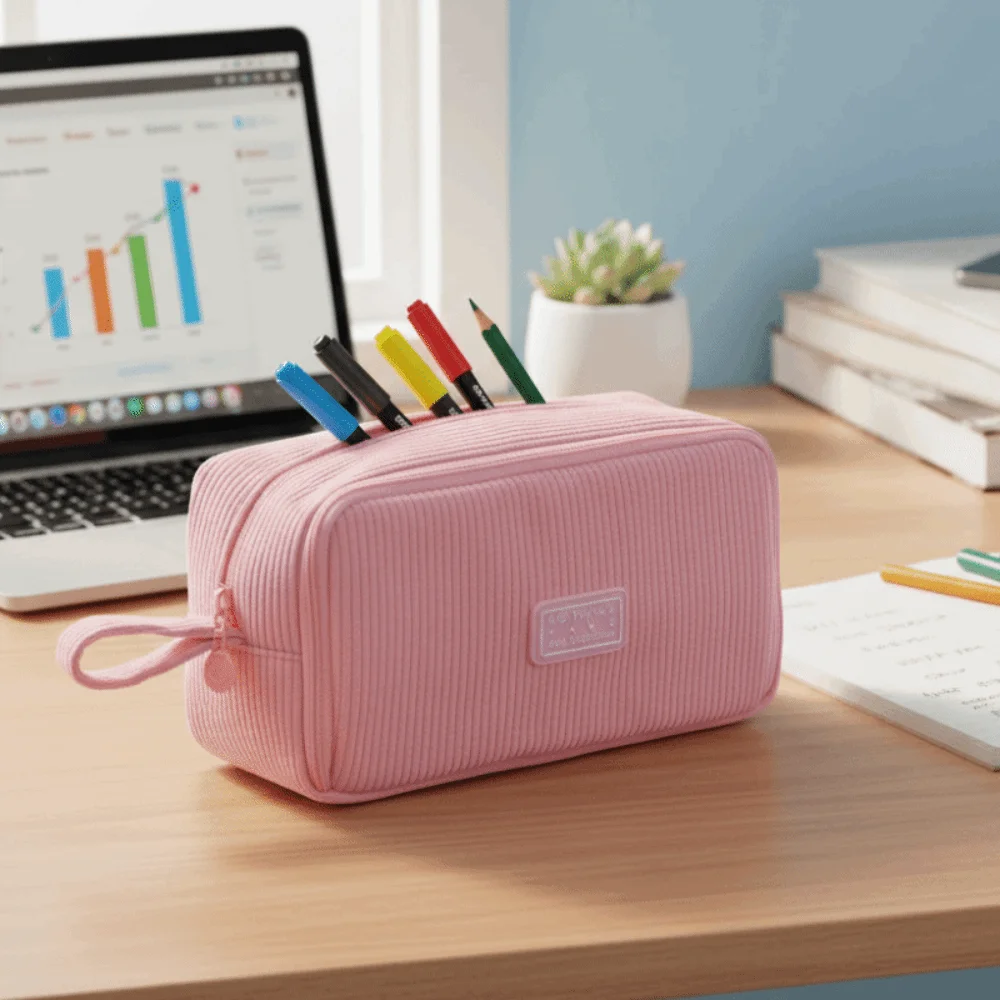 Multilayer Large Capacity Pencil Case Desk Organizer Durable Corduroy Pencil Pouch Pencil Bag Zipper Student Stationery Box