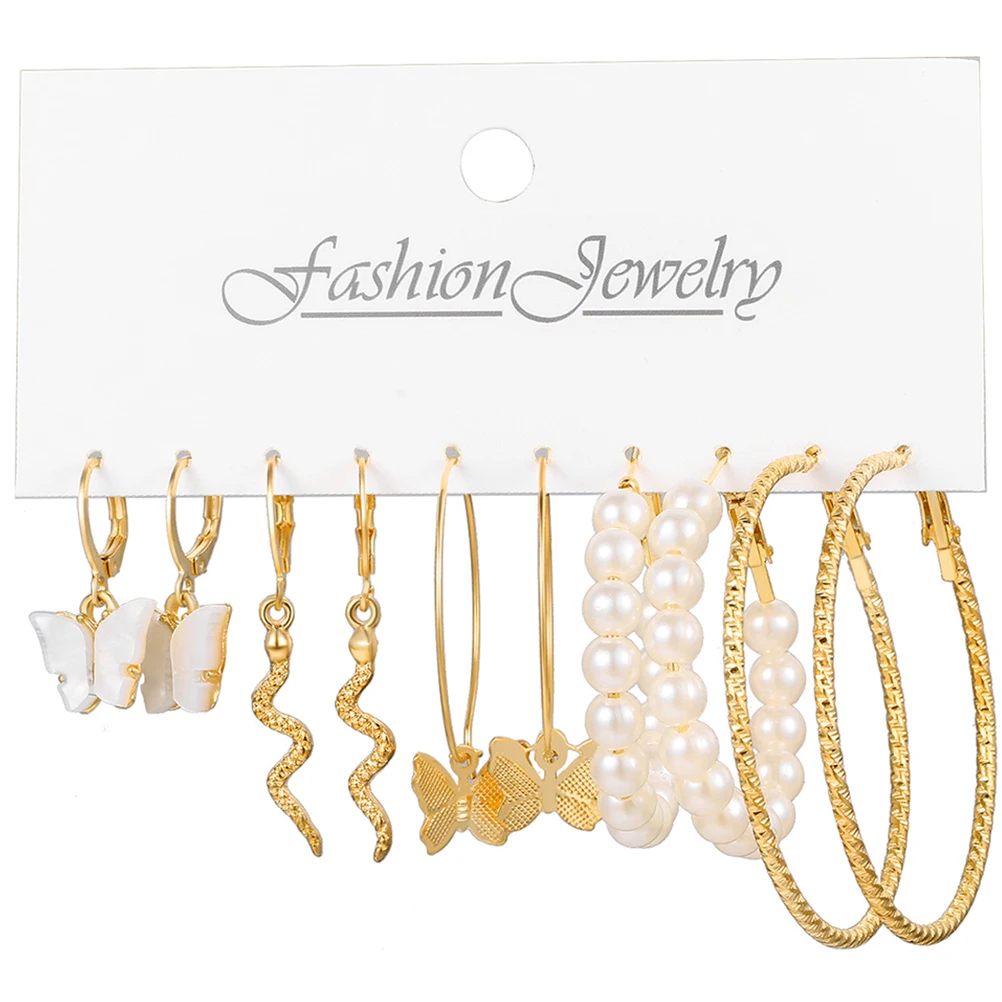 

Pearl Hoop Earrings Set Simple Butterfly Shaped Dangle Lightweight for Women Pearl Hoops Earrings Gold Color Occasions
