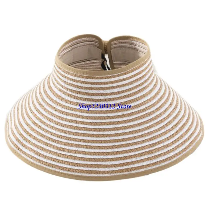 634C Women Open Top Straw for Sun Visor Hat Bowknot Wide Brim Roll-up Foldable beach