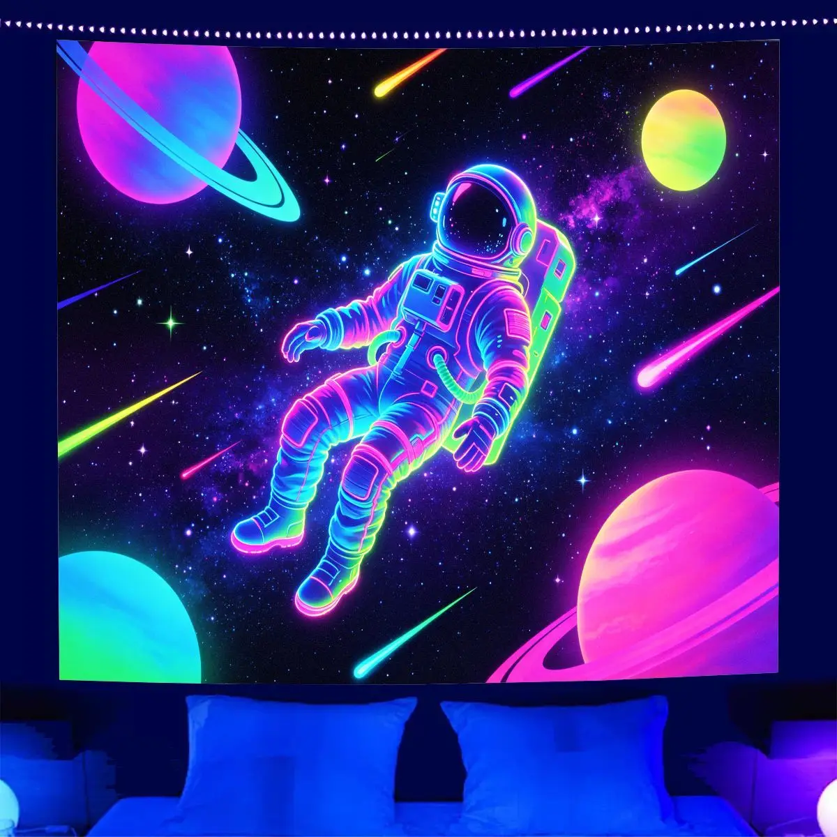 VIKAMA Psychedelic Space Astronaut Tapestry Colorful Planet Meteor Galaxy Cosmic Wall Hanging Aesthetic Bedroom Dorm Decor
