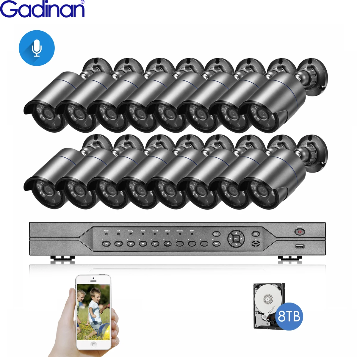 

Gadinan H.265+16CH 4K POE NVR Kit Face Detection CCTV System IR Outdoor Audio Recording AI 5MP IP Camera P2P Video Security