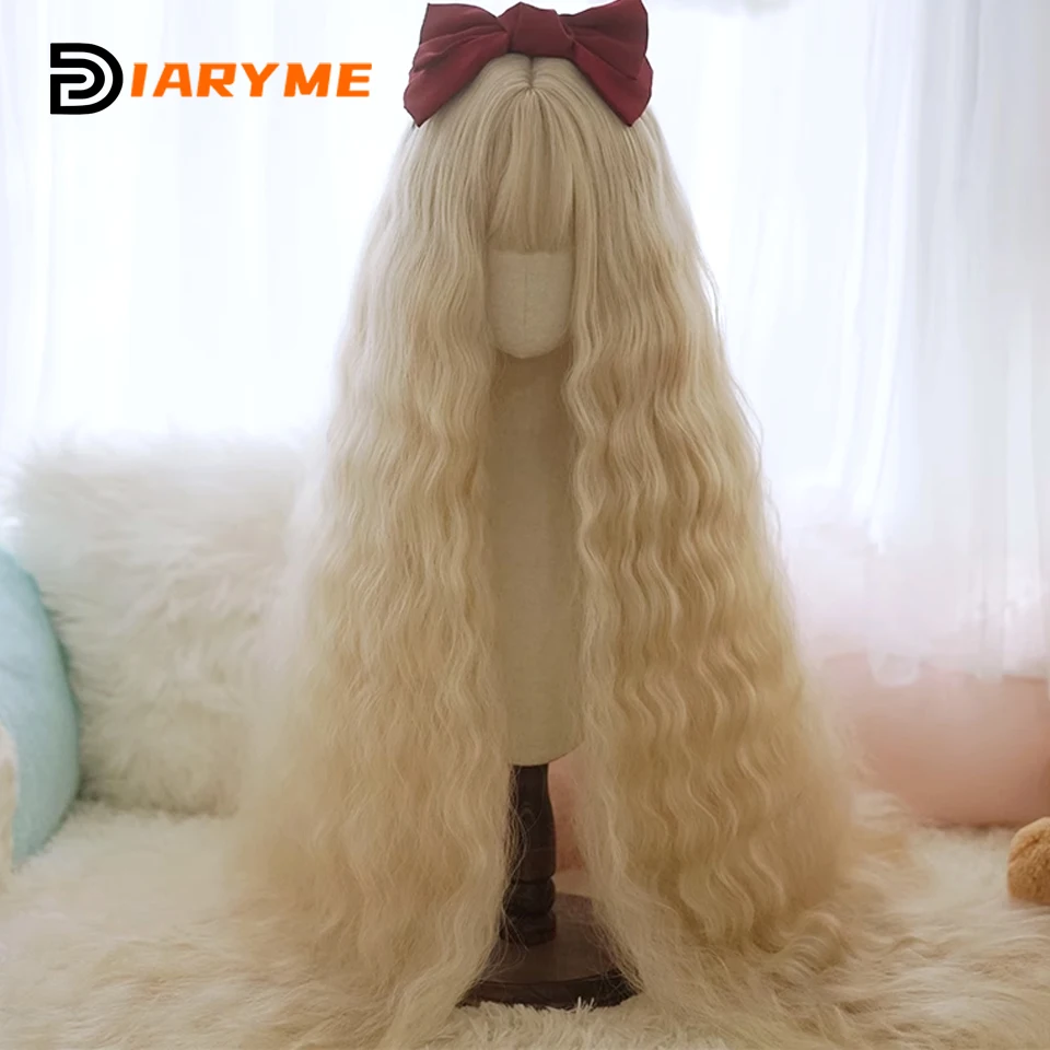 110cm Long Curly Lolita Wig With Bangs Synthetic Blonde Loose Wave Hair Wigs For Women Halloween Party Cosplay Wigs Female