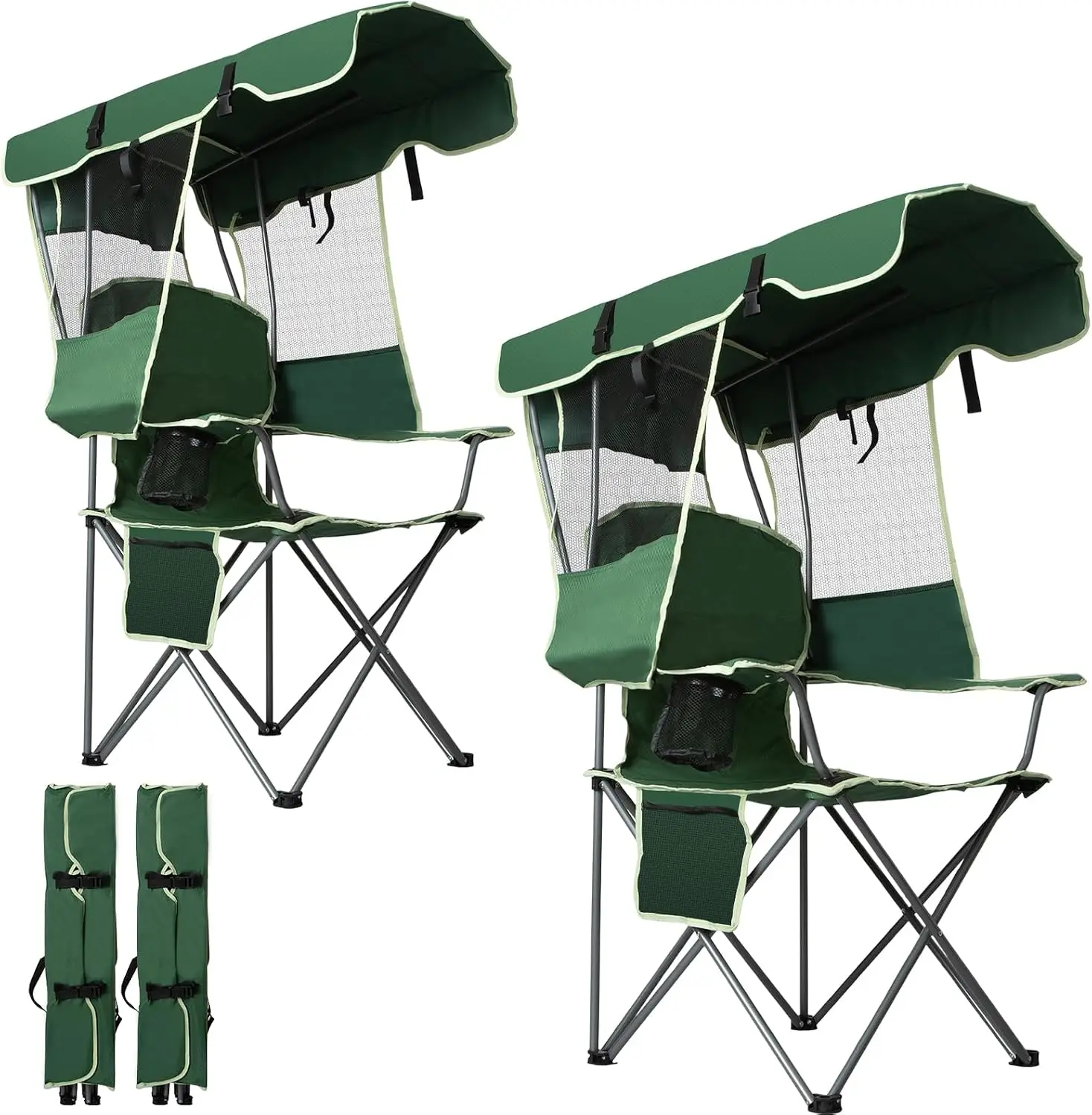Folding Canopy Beach Camping Chairs For Adult 2 Pack, Portable Outdoor Chairs With Sunshade, Cup Holder & Side Pocket