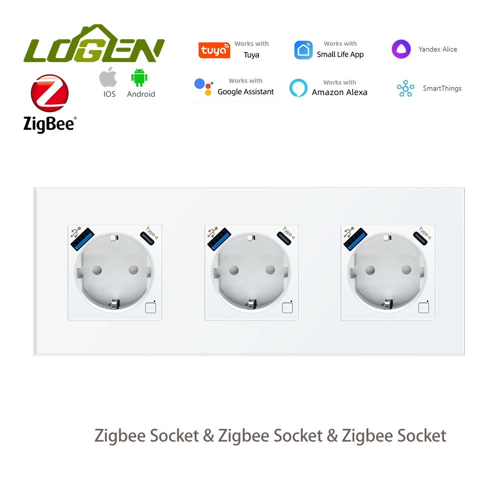 LOGEN Zgibee EU Smart Socket USB Type-c Socket Glass Crystal Panel Three sockets arranged side by side Need Neutral Wire