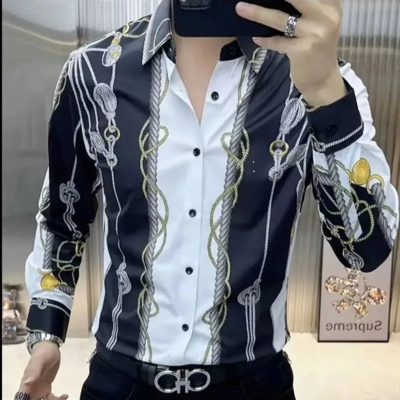 Men's Clothing Spring and Autumn high quality Light Luxury Personalized Printed Y2K Slim-fit Handsome Long-sleeved Shirt