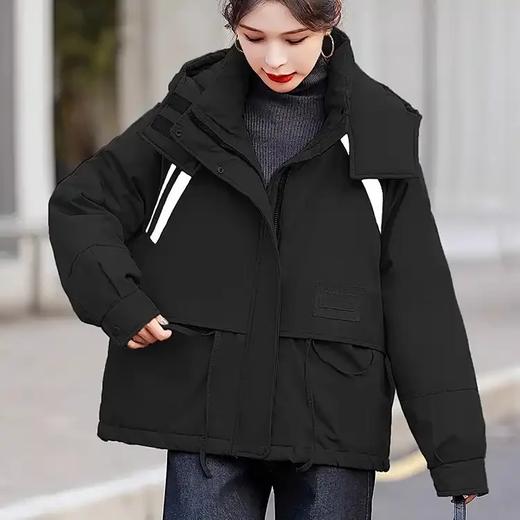 

Women Winter Thick Padded Jacket with Hood and Zipper Closure Casual Streetwear Style Loose Fit Short Length Solid Color Design