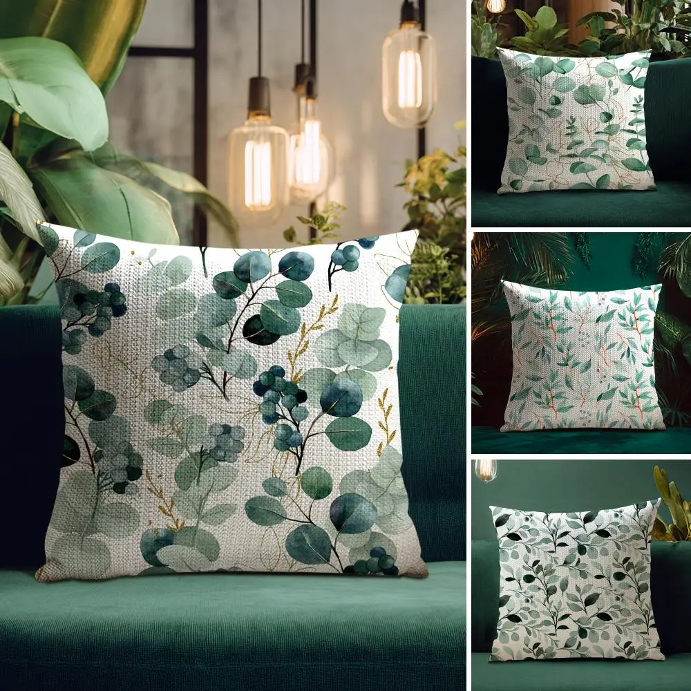 Watercolor Eucalyptus Flowers Cushion Cover Natural Linen Organic Fabric Double-Sided Printing Breathable Perfect for Home Decor