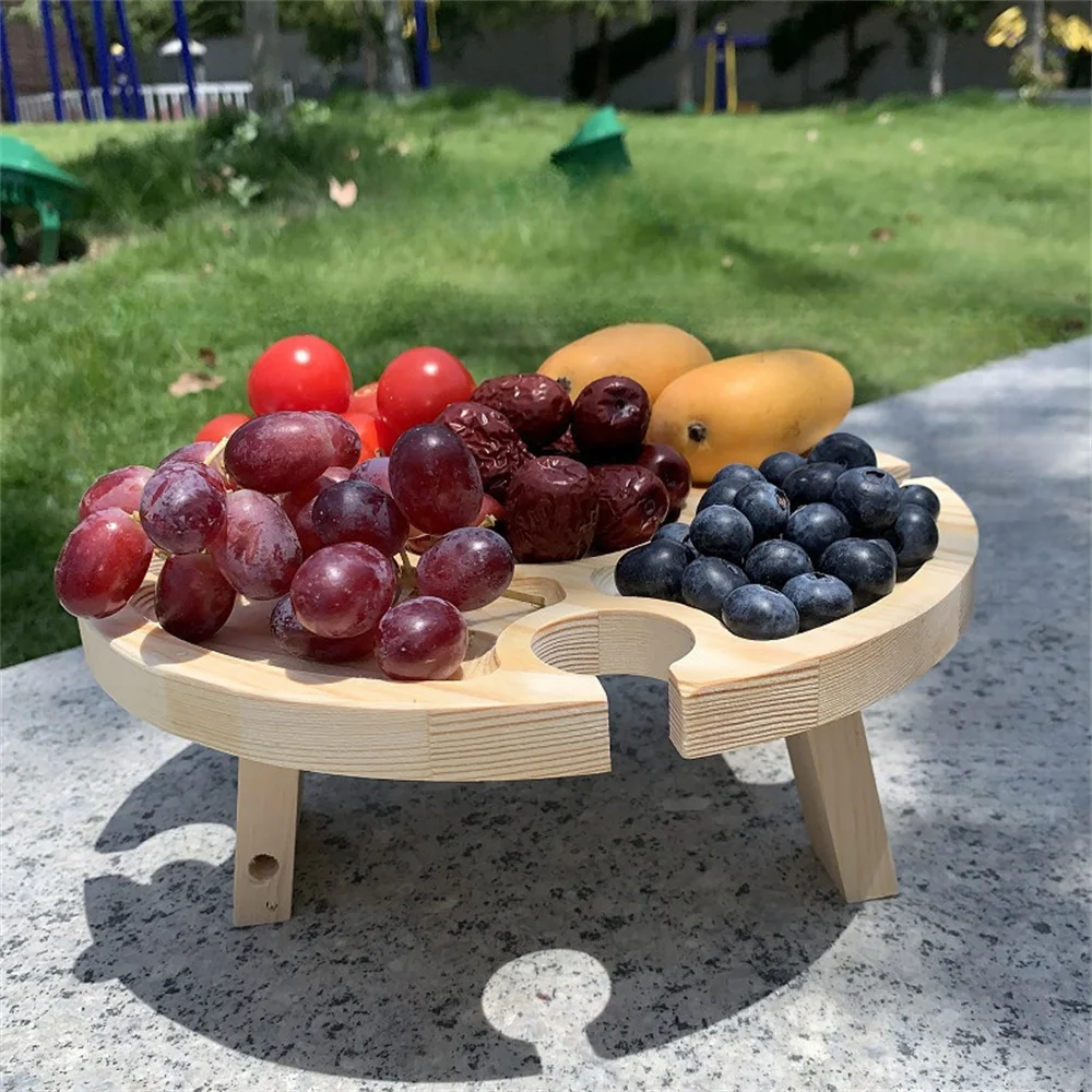 Outdoor Portable Folding Wine Picnic Wooden Table Camping Cheese Board Tray Foldable Snack Table Wine Rack Tourist Fruit Table