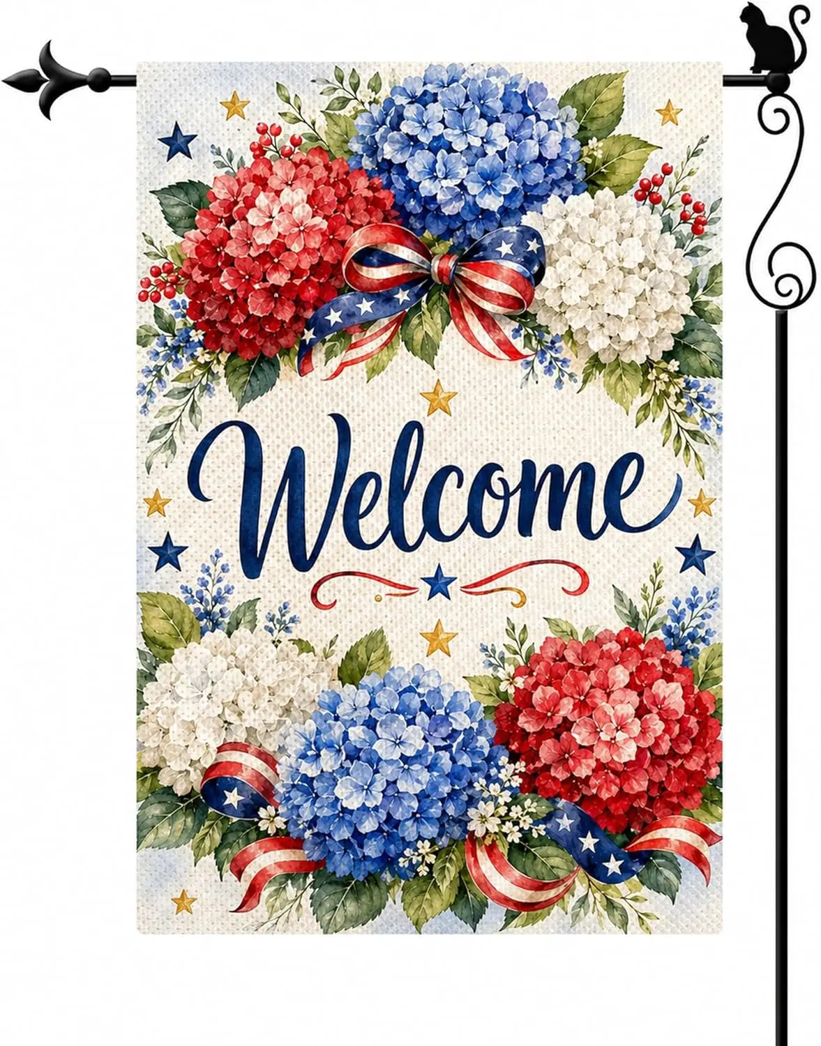 Patriotic Hydrangea Welcome Garden Flag 12 x 18 Inches Double Sided, Red White Blue Floral Yard Decor jjp