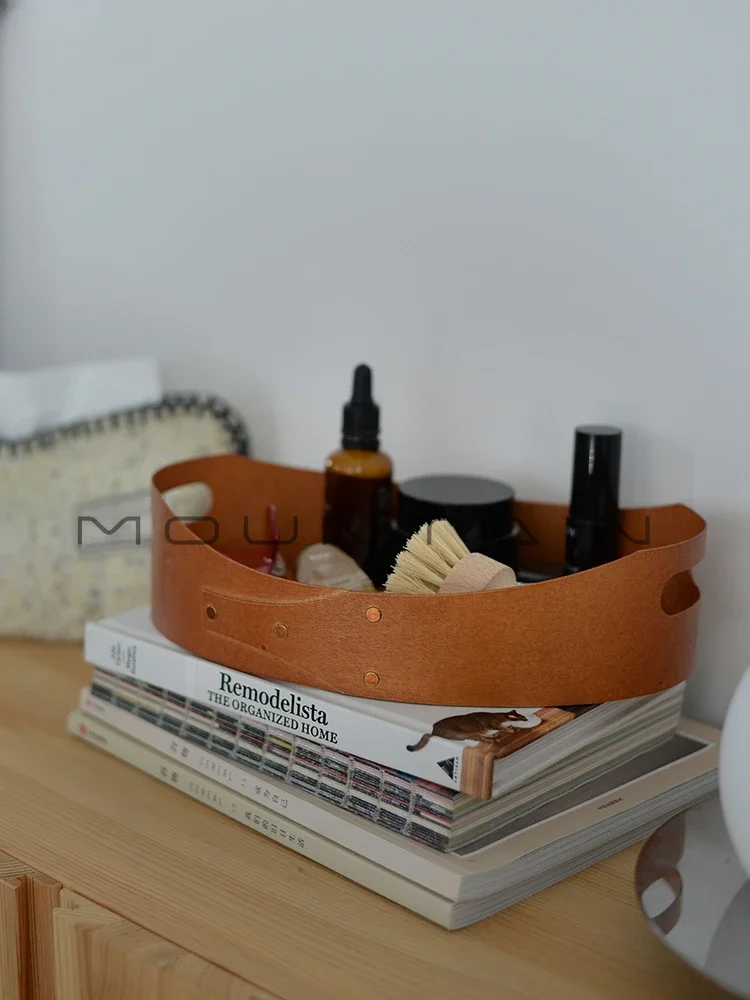 Solid wood retro style portable tray oval storage box cosmetic storage