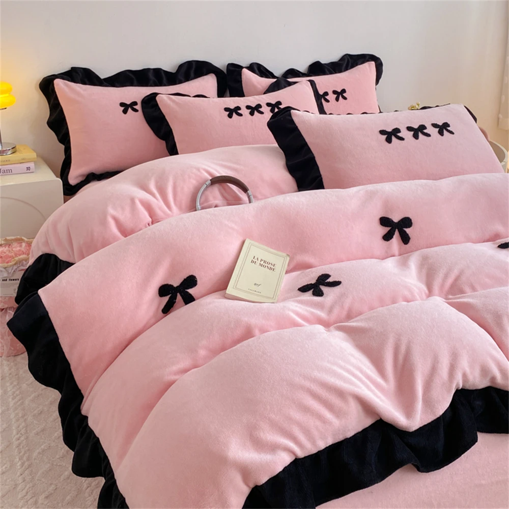 Korean Princess Style Double-sided Milk Velvet Four-Piece Set Warm Winter Quilt Cover Bedspread Soft Thickened Girls Bedding Set