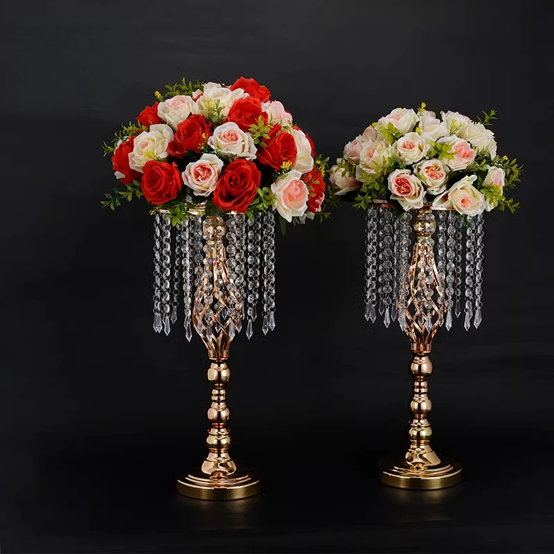 Wedding scene decoration flower ware wrought iron European electroplating fringed crystal road guide vase retro Roman column dec