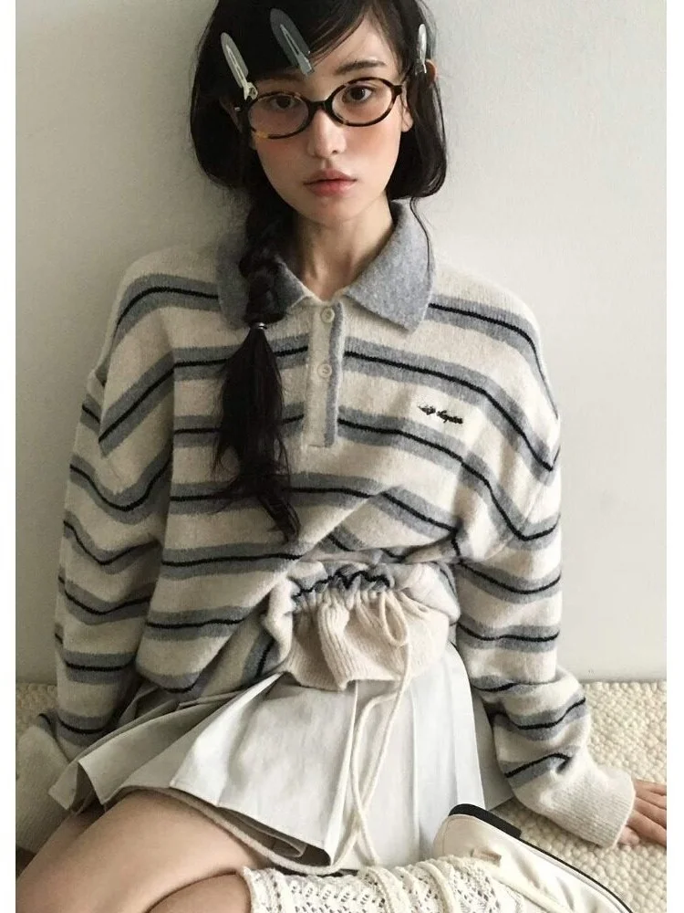 Adjustable Drawstring  Neck Knitted Sweater Women Winter New Style Embroidered Print Top Korean Style Casual Fashion