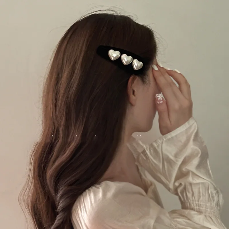 Heart-Shaped Velvet Pearl Heart-Shaped BB Clip Hairpin Baroque Retro High-Grade Design Temperament Side Clip Hair Accessories