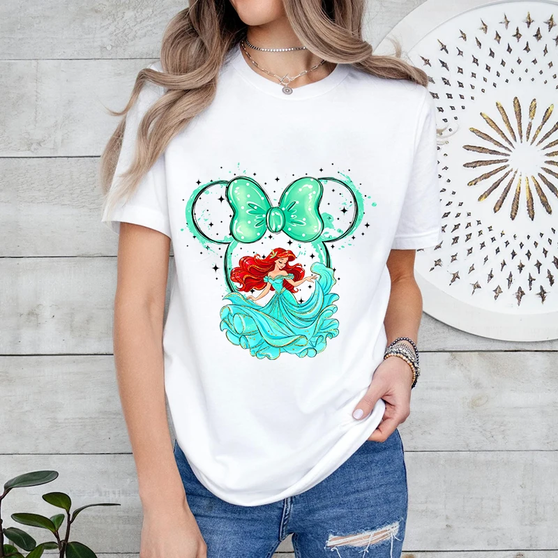 Disney Little Mermaid Printed Women's T-Shirt Pure Cotton Short Sleeve Loose Top Casual Women's Clothing