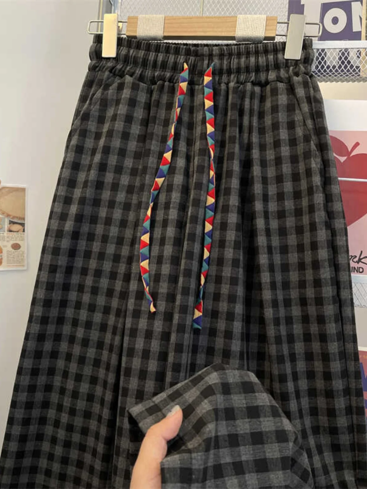 

Laid-ba Sle Men's Casual Pants Loose Straight Leg Autumn Winter Bla ey Plaid Wide Leg Pants Youthful Vitali Sle