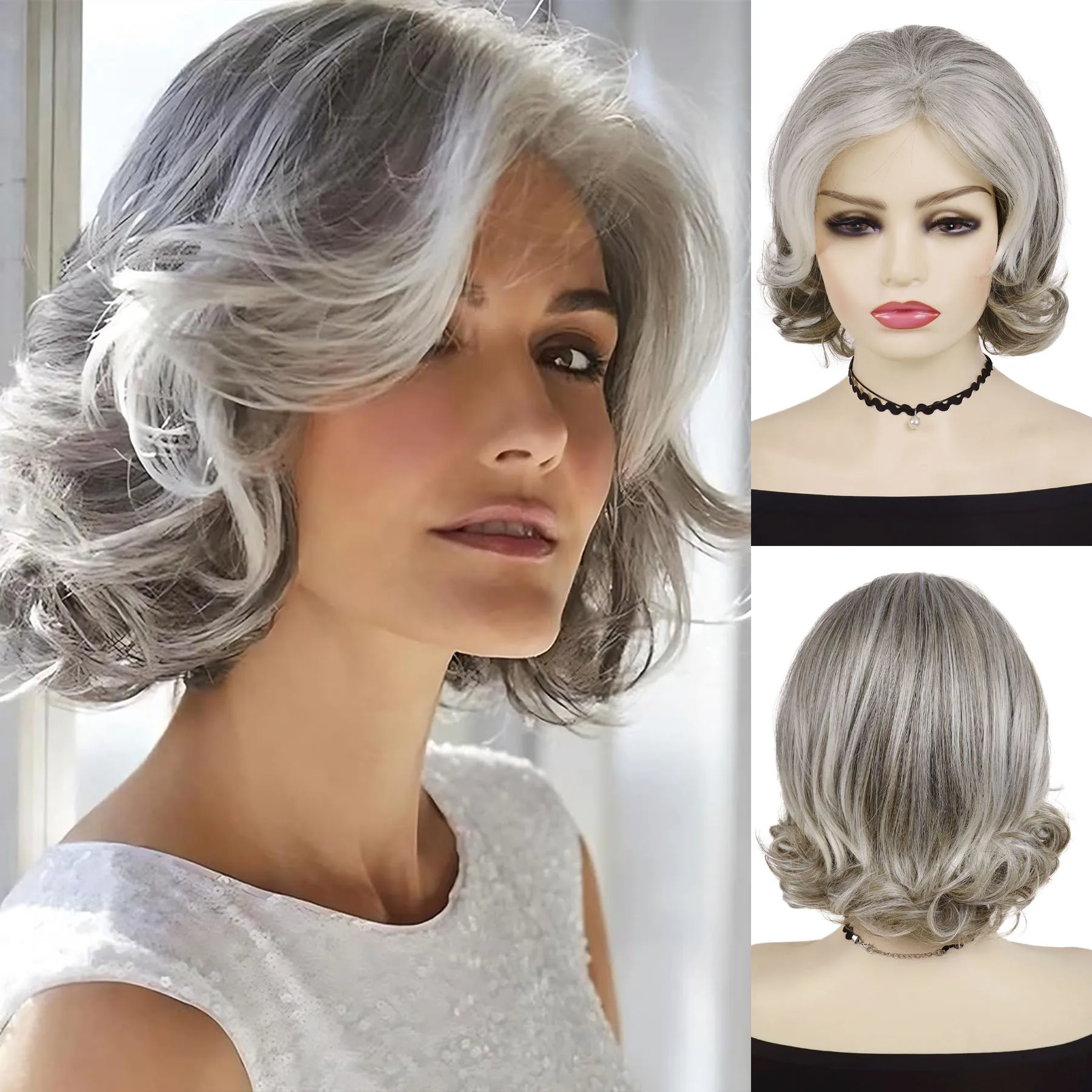 

Natural Synthetic Grandma Wigs Short Curly Wavy Mixed Grey Wig for Women Daily Party Costume Ombre Gray White Older Granny Wig