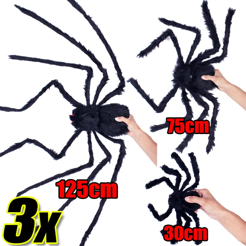 125/75/30cm Giant Black Plush Spider Halloween Decorations Huge Fake Furry Spiders Kids Toy Haunted Scary Horror Props Party