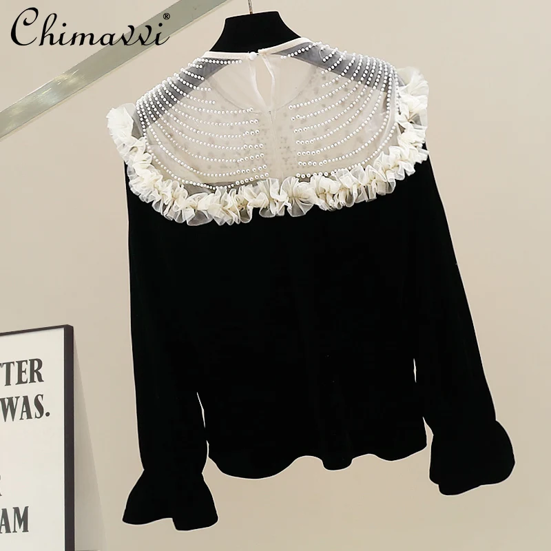 

2025 Autumn Clothes New Korean Fashion Heavy Beaded Velvet Patchwork Shirt Long Sleeve Loose Elegant Black Women's Blouse Top
