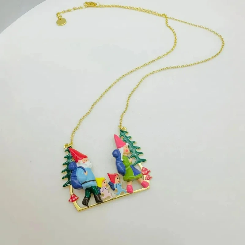 

French Cute Handmade Enamel 2 Dwarfs Parents with Little Babys, Forest Travel Mushroom, Trees Pendant, Father Christmas Necklace