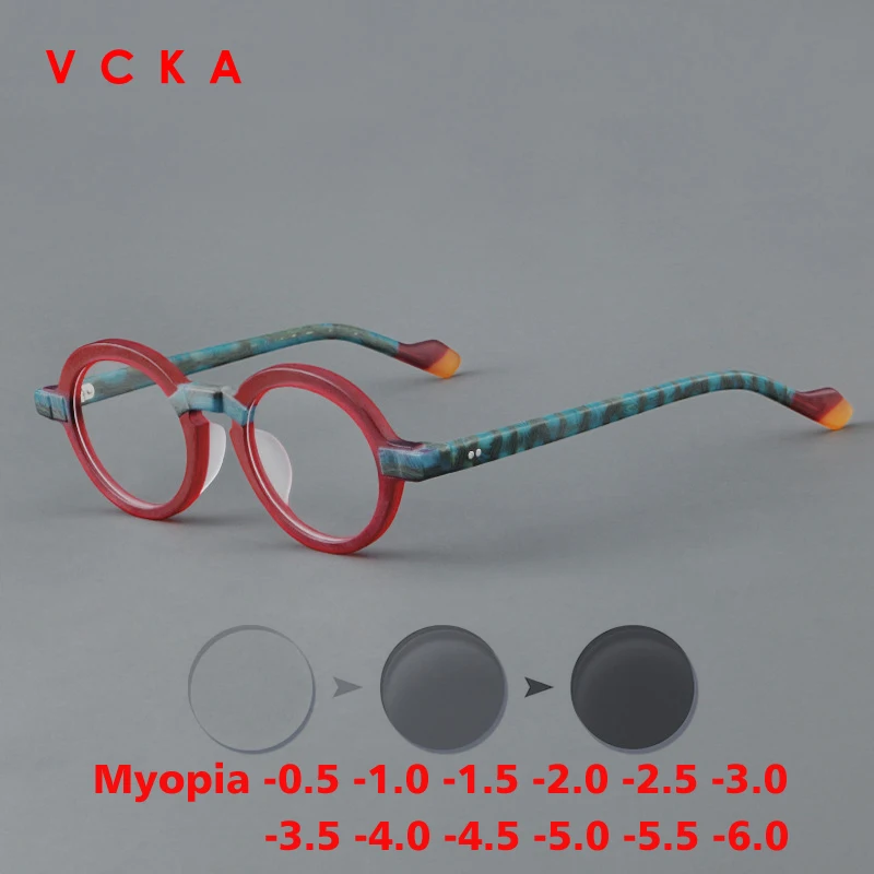 

VCKA Round Acetate Myopia Anti-blue light Eyeglass Scrub Frame Men Women Optical Prescription Discolor Glasses -0.50 to -6.0