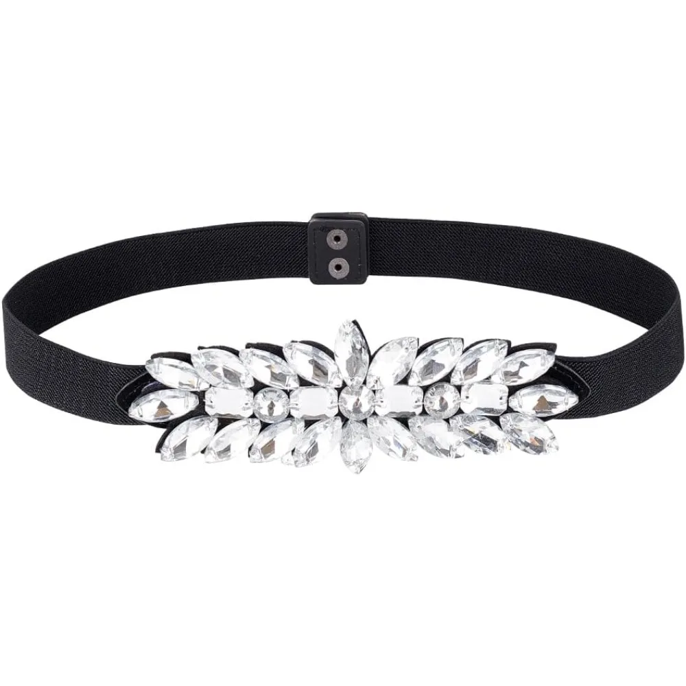 Women Rhinestone Elastic Belt Black Rhinestone Waist Belt PU Chain Sash Double Press Button Floral Belts