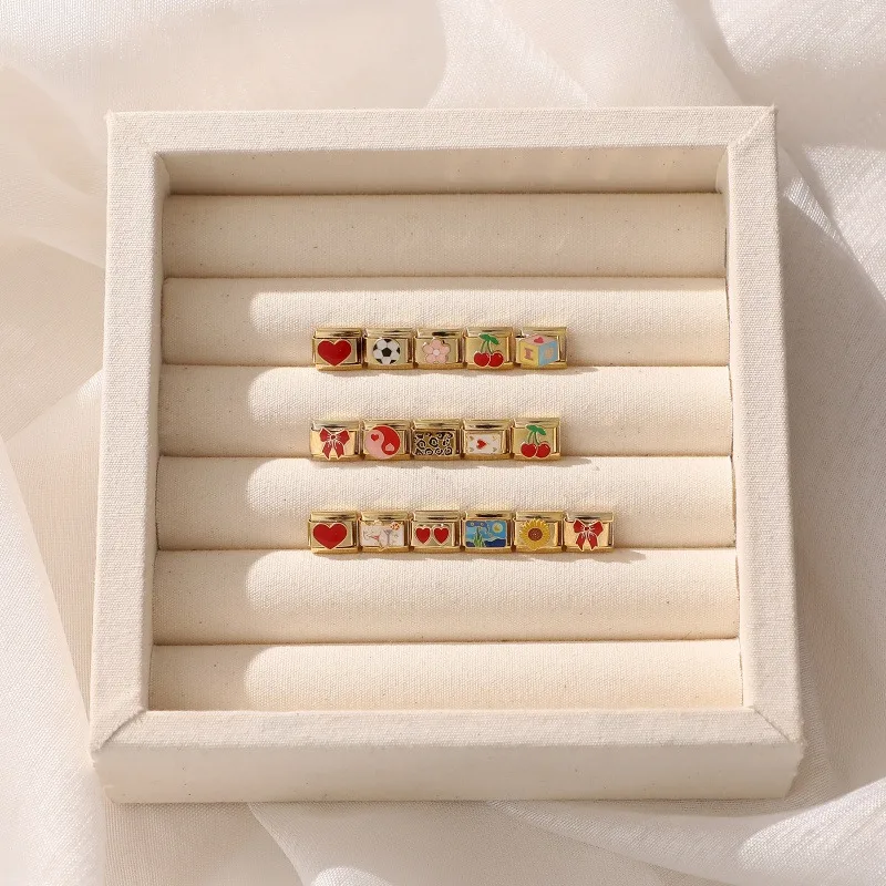 روابط إيطالية بتصميم زهرة الشمس والقلب والكرز وكرة القدم والفهد بلون ذهبي تناسب أساور 9 مم من الفولاذ المقاوم للصدأ للرجال والنساء لصنع الهدايا يدويًا - 4