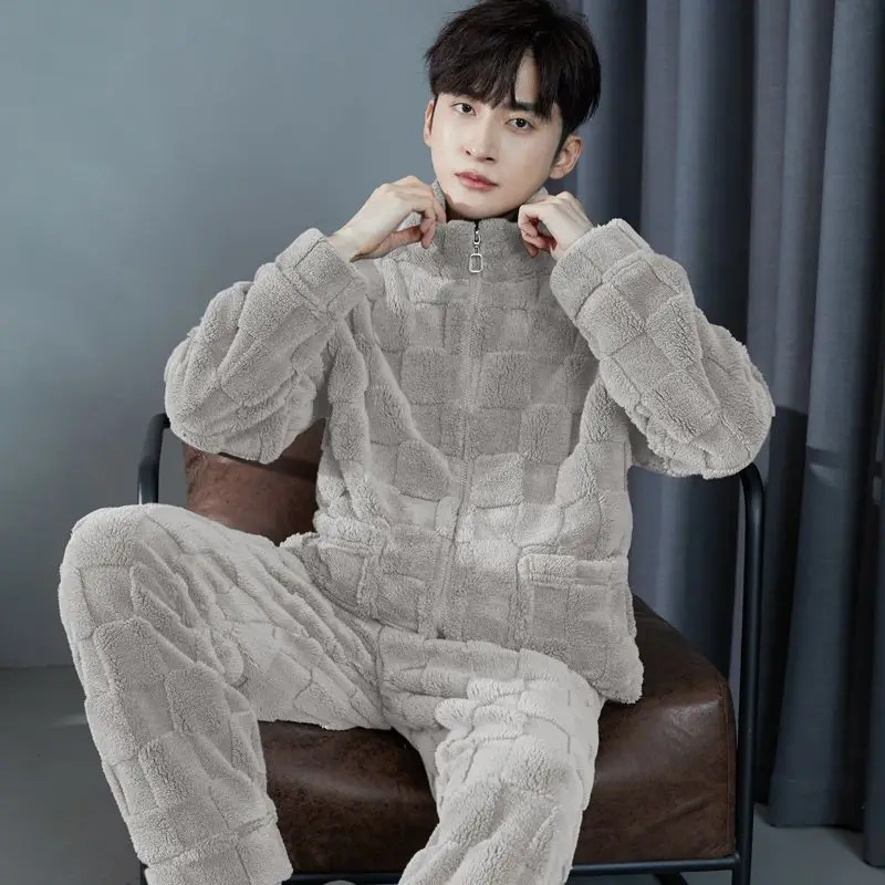 2024 New Men Winter Warm Flannel Pajamas Set V-neck Fluffy Coat + Long Pants Male Sleepwear for Sleeping 2 Pieces Housewear 3XL