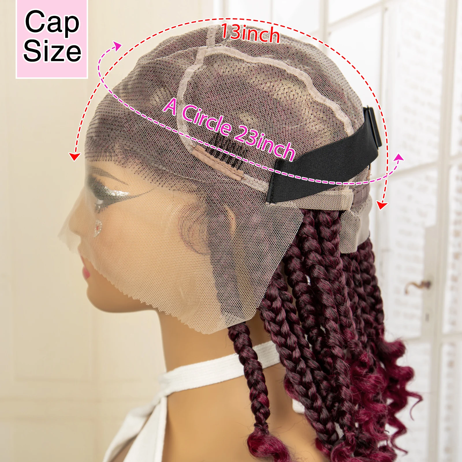 14 Inches Full Lace Short Cornrow Braids Wig Curly Ends Synthetic Big Knotless Braided Wigs for Women Burgundy  Lace Frontal Wig