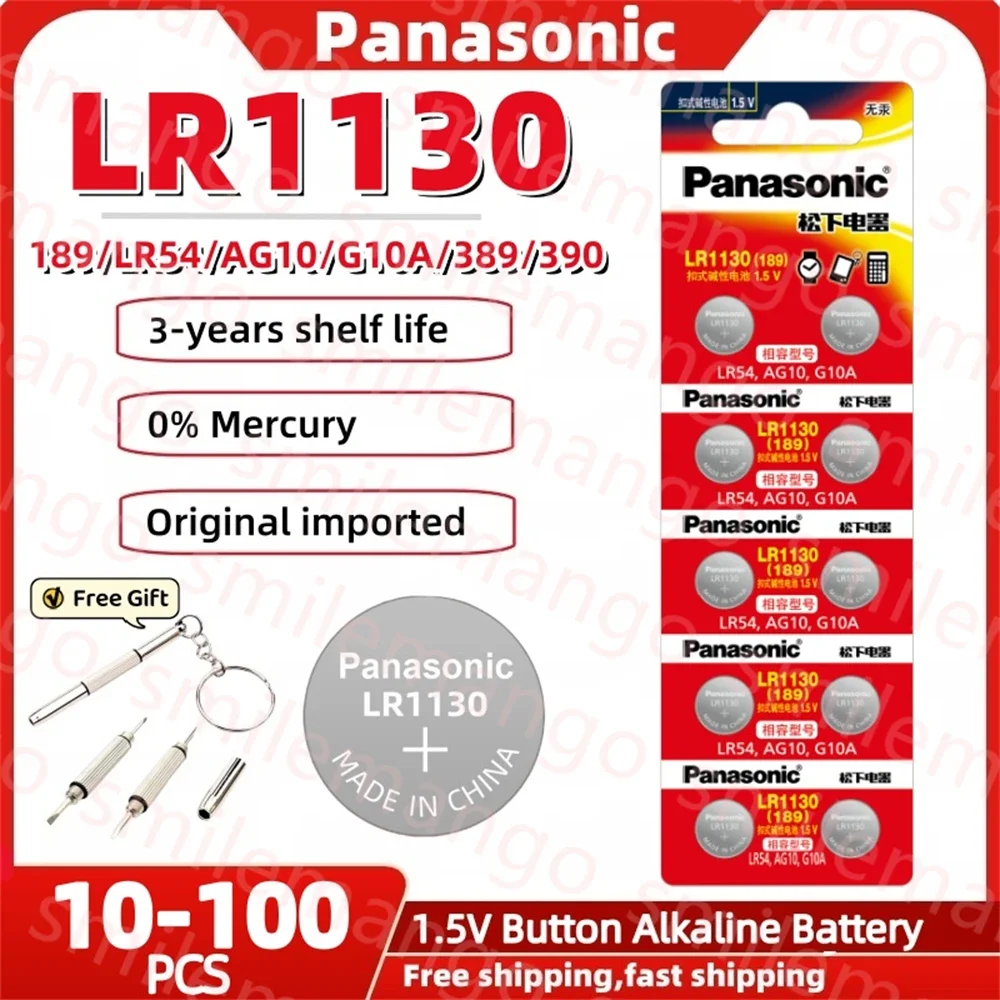 10-100PCS Panasonic Alkaline Button Cell Battery 189 LR1130 AG10 SR1130 389 LR54 SR54 1.5V For Watch Calculator Toy Thermometer