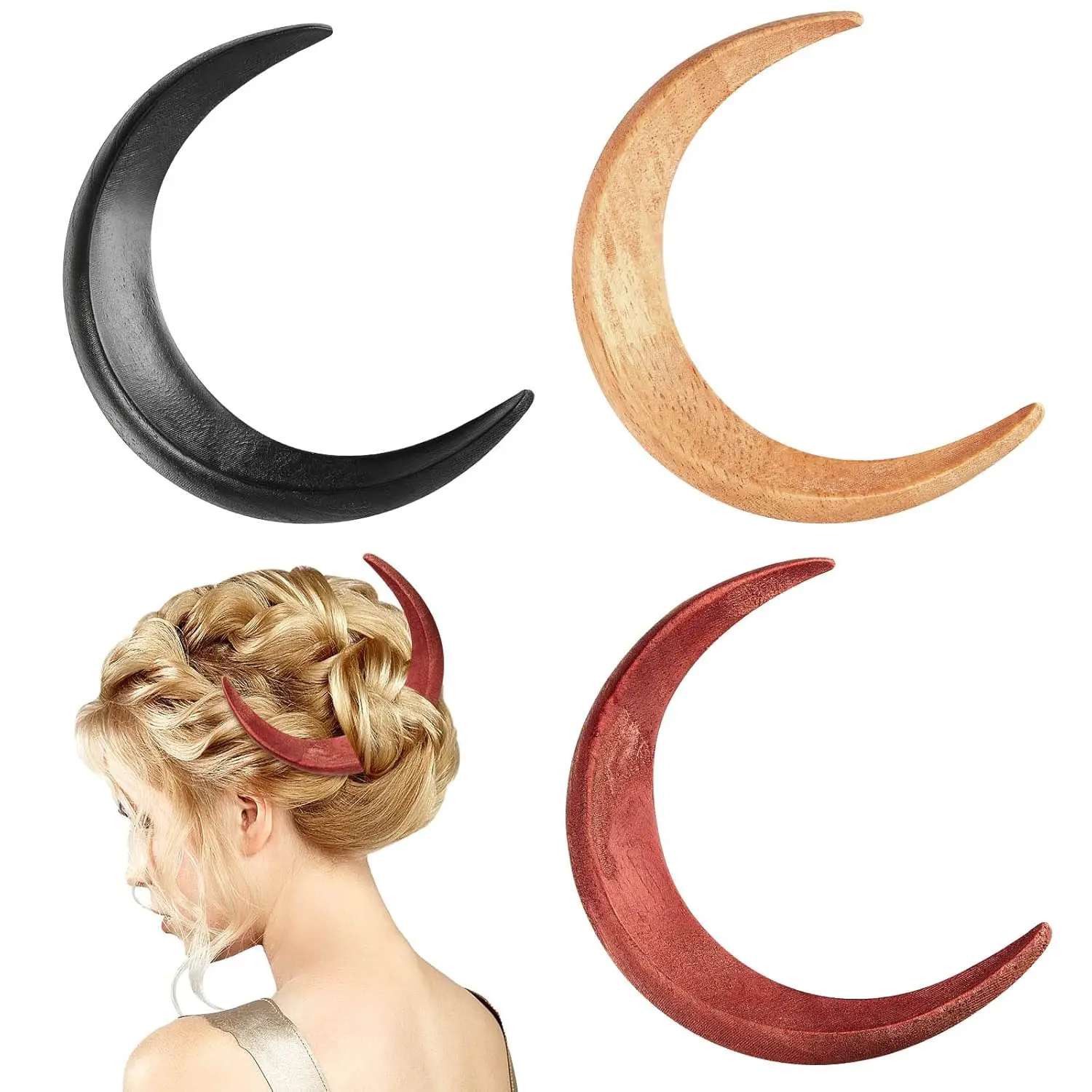 

3 Pcs Moon Hair Forks, Hand Carved Wooden Hairpins for Women, Lightweight Styling Tool (Red, Black, Wood)