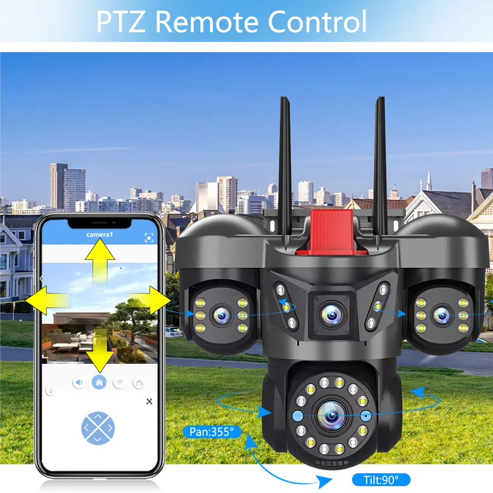 10K 20MP Outdoor WiFi IP Camera Four Lens Four Screen 360° 16X Zoom PTZ Security Camera Auto Tracking CCTV Wireless Surveillance