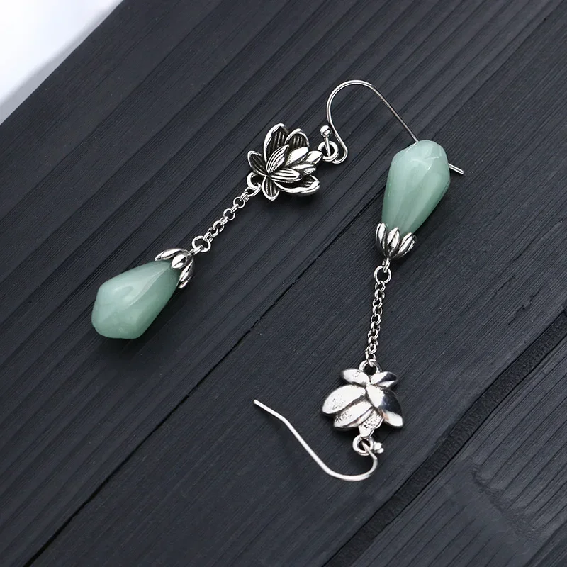 YILUOCD Vintage Boho Lotus Flower Earrings 925 Sterling Silver Jade Stone Drop Earrings for Women Amulet Jewelry Christmas Gift