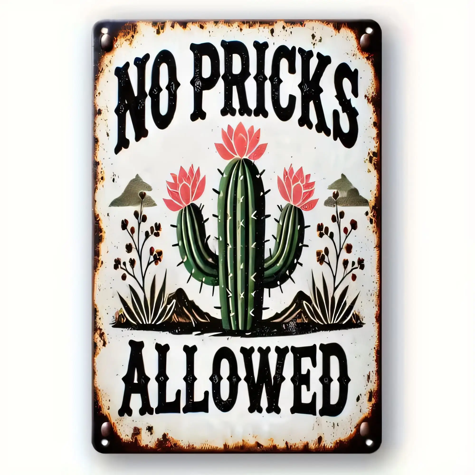 Tin Sign No Pricks Allowed Vintage Halloween Cactus Metal Wall Art Farmhouse Rustic   Decorative Plaque for Garden Bar Pub Home