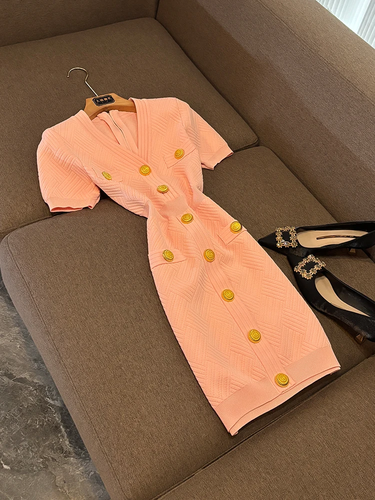

Coralline Summer New Fashion High Quality Knitted V-neck Slimming Short Sleeve Dress Women's City Commute Basic Style DY2